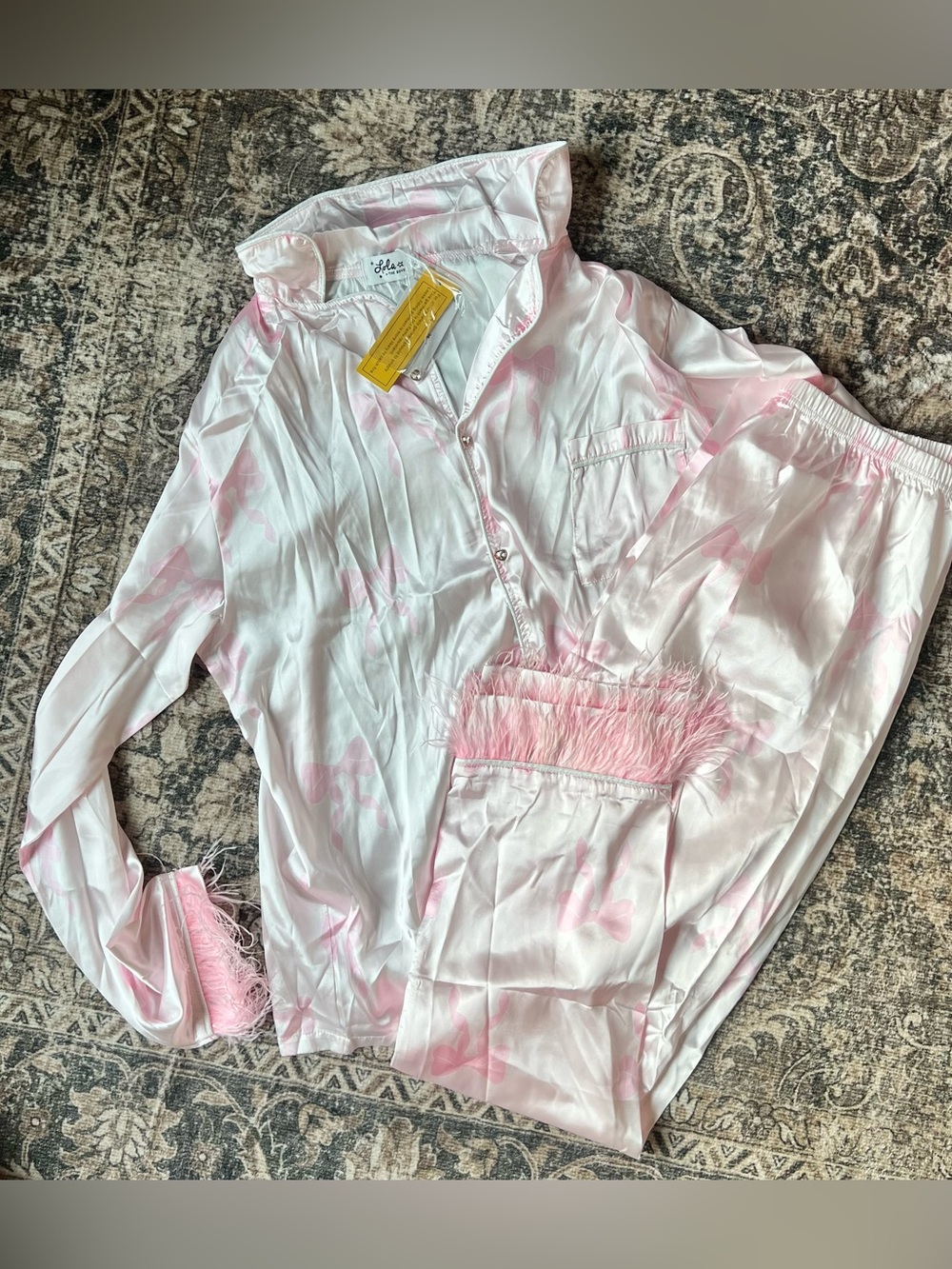 Lola + The Boys Pink Bow Satin Feather Pajama Set